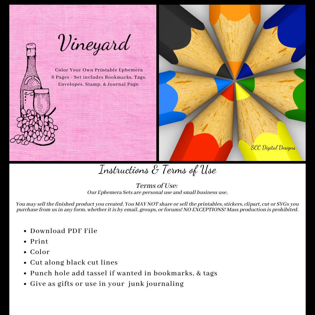 Vineyard CYO Printable Ephemera, 6 Page PDF Set Includes - Tags, Envelopes, Journal Page, Bookmarks, Postcards & Stamps, Instruction Sheet, Personal & Small Business Use, Great for Junk Journaling, Wine Lover Gifts, Create Hostess Tags