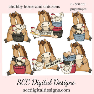 Chubby Horse & Chicken Clipart, Adorable Horses with Black and White Chickens, Instant Download, Commercial Use, Clip Art PNG Set, Digi Scrap, Scrapbook Elements, Chicken Lovers Gifts, Horse Lover Gift, Whimsical Horse & Chickens