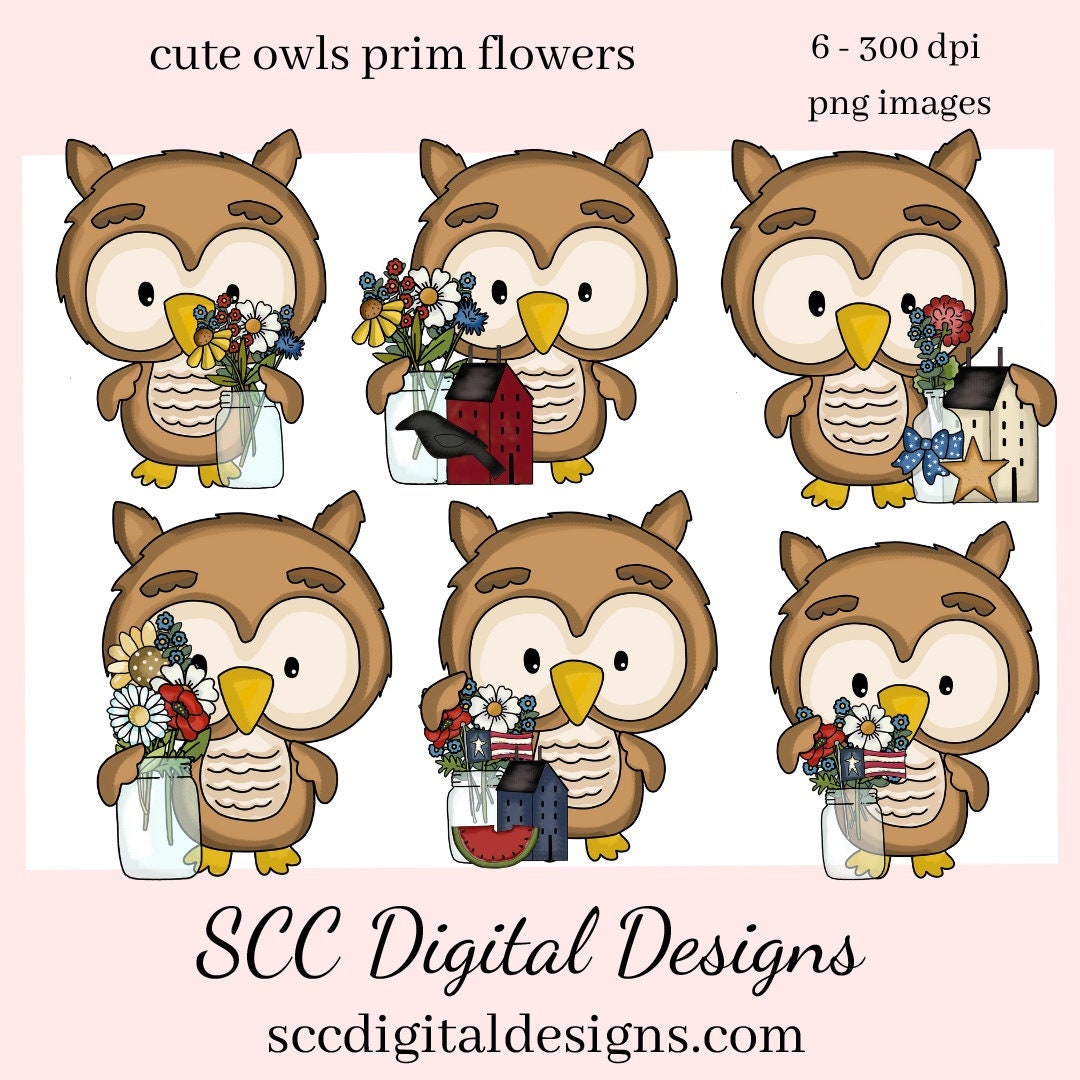 Cute Owls & Prim Flowers Clipart, Owl with Red, White, Blue Flowers, Salt Box House, Clip Art Set, Digi Scrap Supplies, Instant Download