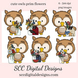 Cute Owls & Prim Flowers Clipart, Owl with Red, White, Blue Flowers, Salt Box House, Clip Art Set, Digi Scrap Supplies, Instant Download