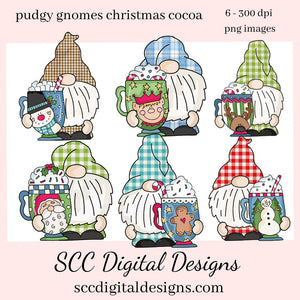 Pudgy Gnome Christmas Cocoa Clipart Set, Gnomes, Santa, Reindeer, Chocolate, PNGs, Instant Download, Commercial Use, Clip Art PNG, Dig Scrap, Craft Supplies, Scrapbook Elements