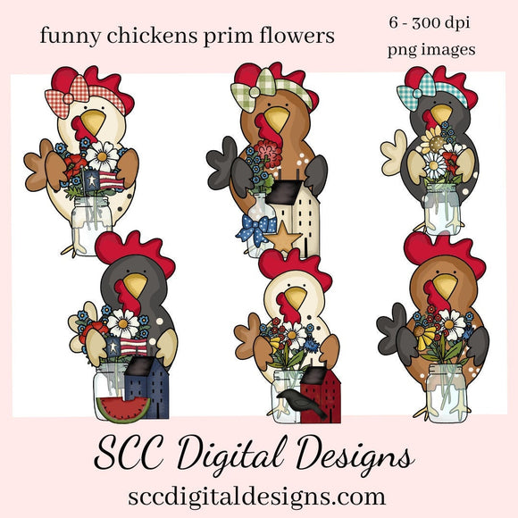 Funny Chickens Prim Flowers Clipart Set, Chicken, Red White Blue Flower, Crow PNG, Instant Download, Commercial Use, Clip Art PNGs, Digi Scrap