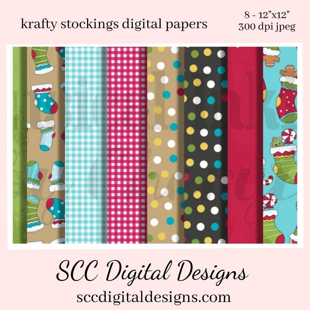 Krafty Stocking Digital Paper - Christmas Xmas Stockings, Polka Dots, (8) 12"x12" 300 DPI JPEG, Scrapbook Supplies, Crafting Elements, Commercial Use, Digi Scrap, Instant Download, Digital Background Papers