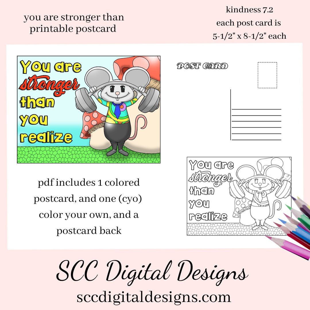 You Are Stronger Thank You Realize Printable Postcard, Full Color, Color Your Own, Inspirational Quote, Kindness Card, Positivity Cards
