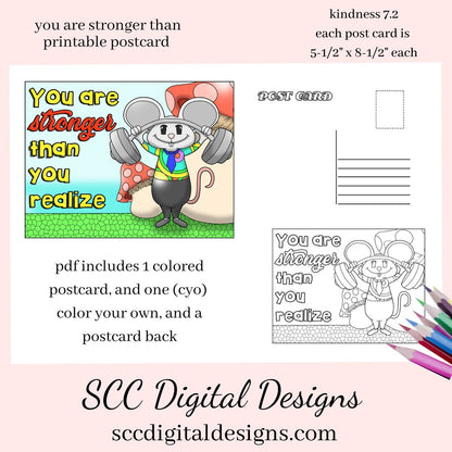You Are Stronger Thank You Realize Printable Postcard, Full Color, Color Your Own, Inspirational Quote, Kindness Card, Positivity Cards