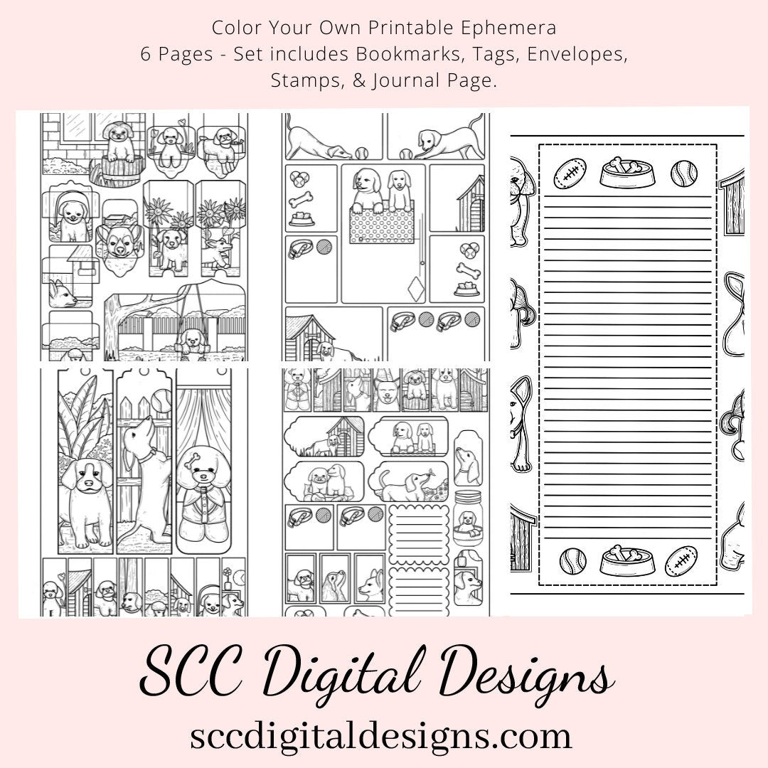 Puppies CYO Printable Ephemera, 6 Page PDF Set Includes - Tags, Envelopes, Journal Page, Bookmarks, Instant Download, Junk Journal Ephemera, Instruction Sheet, Personal & Small Business Use, Great for Junk Journaling, Dog Lover Gifts, Create Hostess Tags