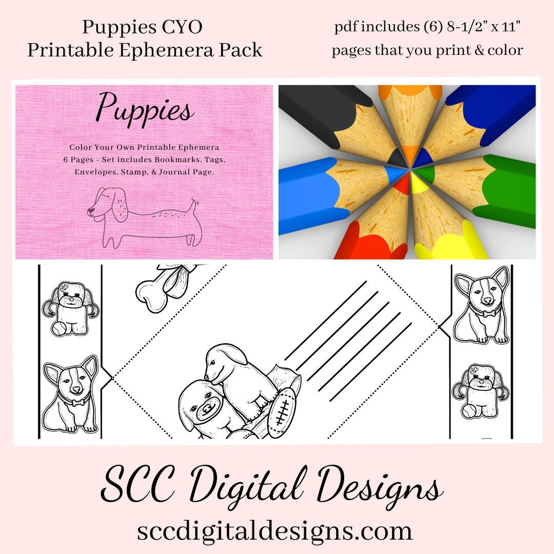 Puppies CYO Printable Ephemera, 6 Page PDF Set Includes - Tags, Envelopes, Journal Page, Bookmarks, Instant Download, Junk Journal Ephemera, Instruction Sheet, Personal & Small Business Use, Great for Junk Journaling, Dog Lover Gifts, Create Hostess Tags