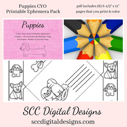 Puppies CYO Printable Ephemera, 6 Page PDF Set Includes - Tags, Envelopes, Journal Page, Bookmarks, Instant Download, Junk Journal Ephemera, Instruction Sheet, Personal & Small Business Use, Great for Junk Journaling, Dog Lover Gifts, Create Hostess Tags