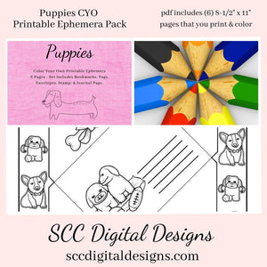 Puppies CYO Printable Ephemera, 6 Page PDF Set Includes - Tags, Envelopes, Journal Page, Bookmarks, Instant Download, Junk Journal Ephemera, Instruction Sheet, Personal & Small Business Use, Great for Junk Journaling, Dog Lover Gifts, Create Hostess Tags