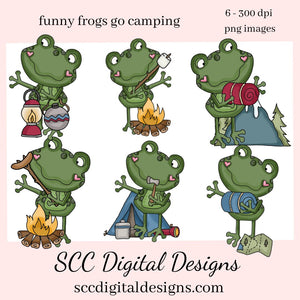 Funny Frogs Go Camping, Frog Clipart, Frog with Sleeping Bag, Tent, Campfire, & Smores, Create Camper Decor, Mugs, T-Shirts, Glamper Signs, Glamping Frog Lover