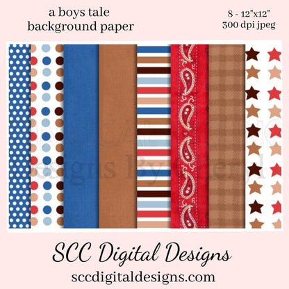 A Boys Tale Digital Paper - (8) 12"x12" 300 DPI JPEG Images, Scrapbook Supplies, Crafting Elements, Commercial Use, Personal Use  Background Images are great to Create Printables, Gift Tags, Greeting Cards, Cocoa Wrappers, Treat Bags & so Much More!