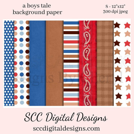 A Boys Tale Digital Paper - (8) 12"x12" 300 DPI JPEG Images, Scrapbook Supplies, Crafting Elements, Commercial Use, Personal Use  Background Images are great to Create Printables, Gift Tags, Greeting Cards, Cocoa Wrappers, Treat Bags & so Much More!