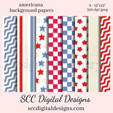 Americana Digital Paper - (8) 12"x12" 300 DPI JPEG Images, Scrapbook Supplies, Crafting Elements, Commercial Use, Personal Use, Red, White & Blue background papers  Background Images is great to Create Printables, Gift Tags, Greeting Cards, Cocoa Wrappers, & Treat Bags!