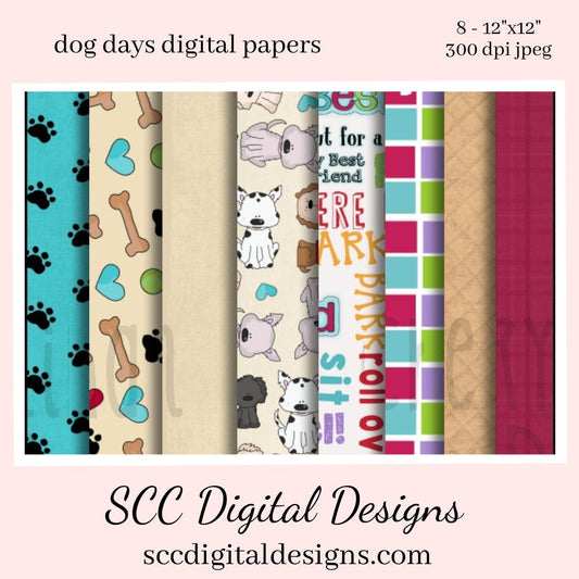 Dog Days Digital Paper - (8) 12"x12" 300 DPI JPEG Images, Scrapbook Supplies, Crafting Elements, Commercial Use, Personal Use, Dogs & Pet Supplies  Background Images are great to Create Printables, Gift Tags, Greeting Cards, Cocoa Wrappers, & Treat Bags!