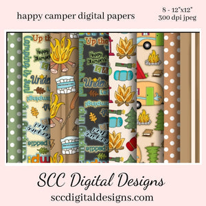 Happy Campers Digital Paper - (8) 12"x12" 300 DPI JPEG Images, Scrapbook Supplies, Crafting Elements, Commercial Use, Personal Use, Vintage Camper, Campfire, Smores, Word Art, Tent  Background Images are great to Create Printables, Gift Tags, Greeting Cards, Cocoa Wrappers, & Treat Bags!