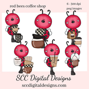 Red Bees Coffee Shop Clipart, Bee, Latte, Mocha, Coffee Mugs, Java Shop Decor, Instant Download, Commercial Use, Clip Art PNGs, Digi Scrap