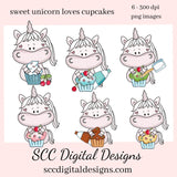 Sweet Unicorn Loves Cupcakes Clipart, Unicorn, Frosted Cupcake, Party Printables, Instant Download, Commercial Use, Clip Art PNG, Digi Scrap