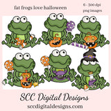 Fat Frogs Love Halloween, Frog, Spooky Pumpkins, Candies, Potions, Witch Hat, Instant Download, Commercial Use, Clip Art PNG, Digi Scrap