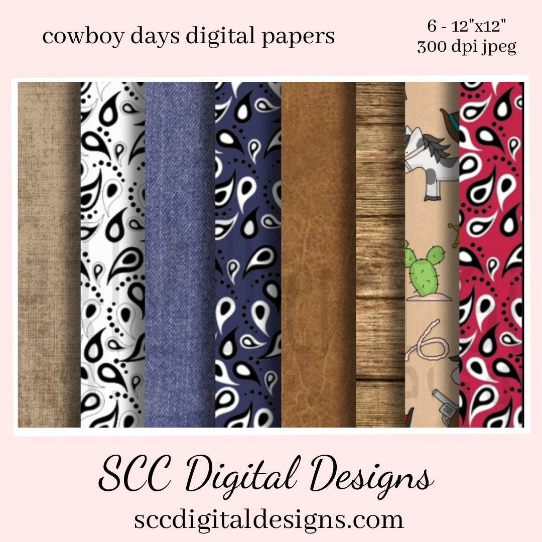 Cowboy Days Digital Paper, Horse, Cactus, Barnwood, Denim, (8) 12"x12" 300 DPI JPEG, Scrapbook Supplies, Crafting Elements, Commercial Use