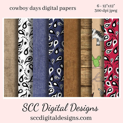 Cowboy Days Digital Paper, Horse, Cactus, Barnwood, Denim, (8) 12"x12" 300 DPI JPEG, Scrapbook Supplies, Crafting Elements, Commercial Use