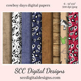 Cowboy Days Digital Paper, Horse, Cactus, Barnwood, Denim, (8) 12"x12" 300 DPI JPEG, Scrapbook Supplies, Crafting Elements, Commercial Use