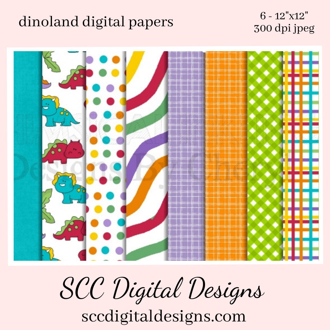 Dinoland Digital Papers, Baby Dino's, Bright Plaid, Polka Dot, 8-12"x12" 300 DPI JPEG, Scrapbook Elements, Crafting Supplies, Commercial Use