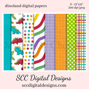 Dinoland Digital Papers, Baby Dino's, Bright Plaid, Polka Dot, 8-12"x12" 300 DPI JPEG, Scrapbook Elements, Crafting Supplies, Commercial Use