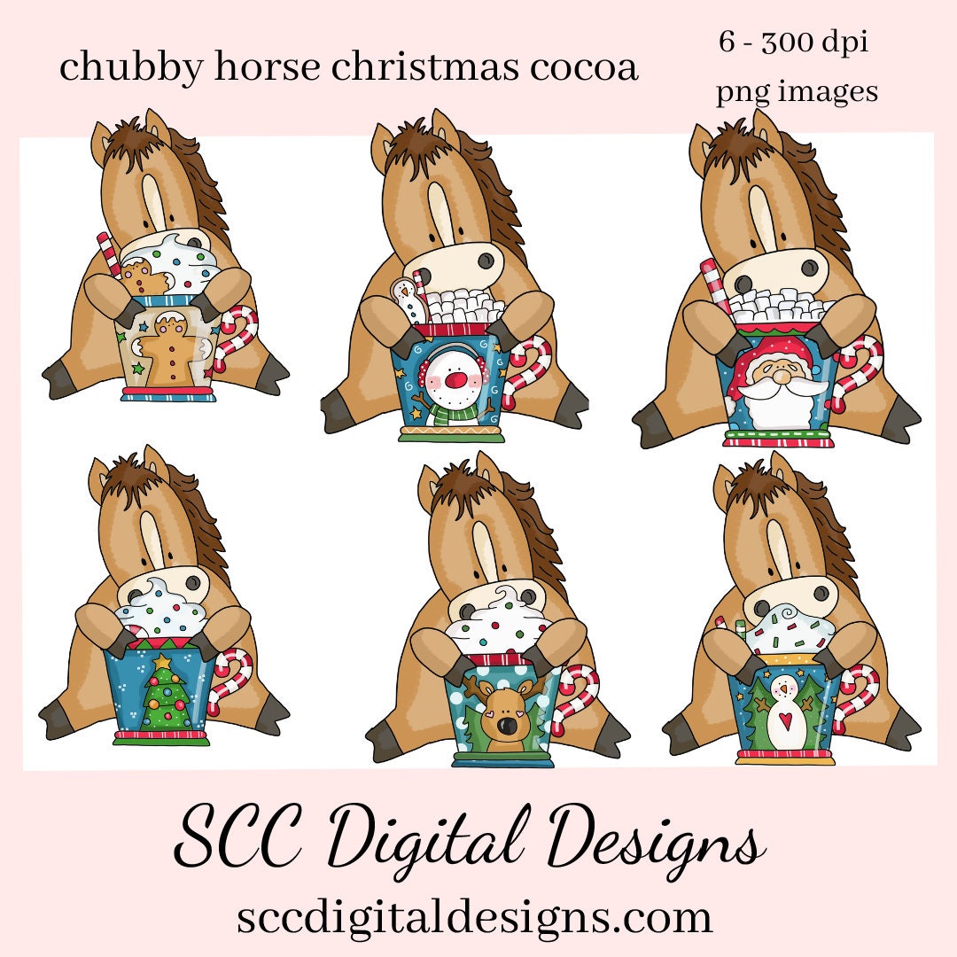 Chubby Horse Christmas Cocoa Clipart, Horses with Hot Chocolate Mugs, Create Holiday Party Printables, Kid's T-Shirts, Hoodies, Tumblers & More, Horse Lover Gifts, Xmas Printables