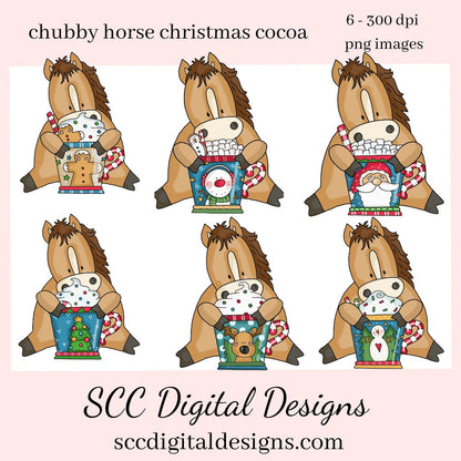 Chubby Horse Christmas Cocoa Clipart, Horses with Hot Chocolate Mugs, Create Holiday Party Printables, Kid's T-Shirts, Hoodies, Tumblers & More, Horse Lover Gifts, Xmas Printables