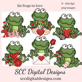 Fat Frogs in Love Clipart, Frog with Red Roses, Chocolate Candy, & Hearts, Create Greeting Cards, Tags, Mugs, Tumblers, Frog Lover Gifts
