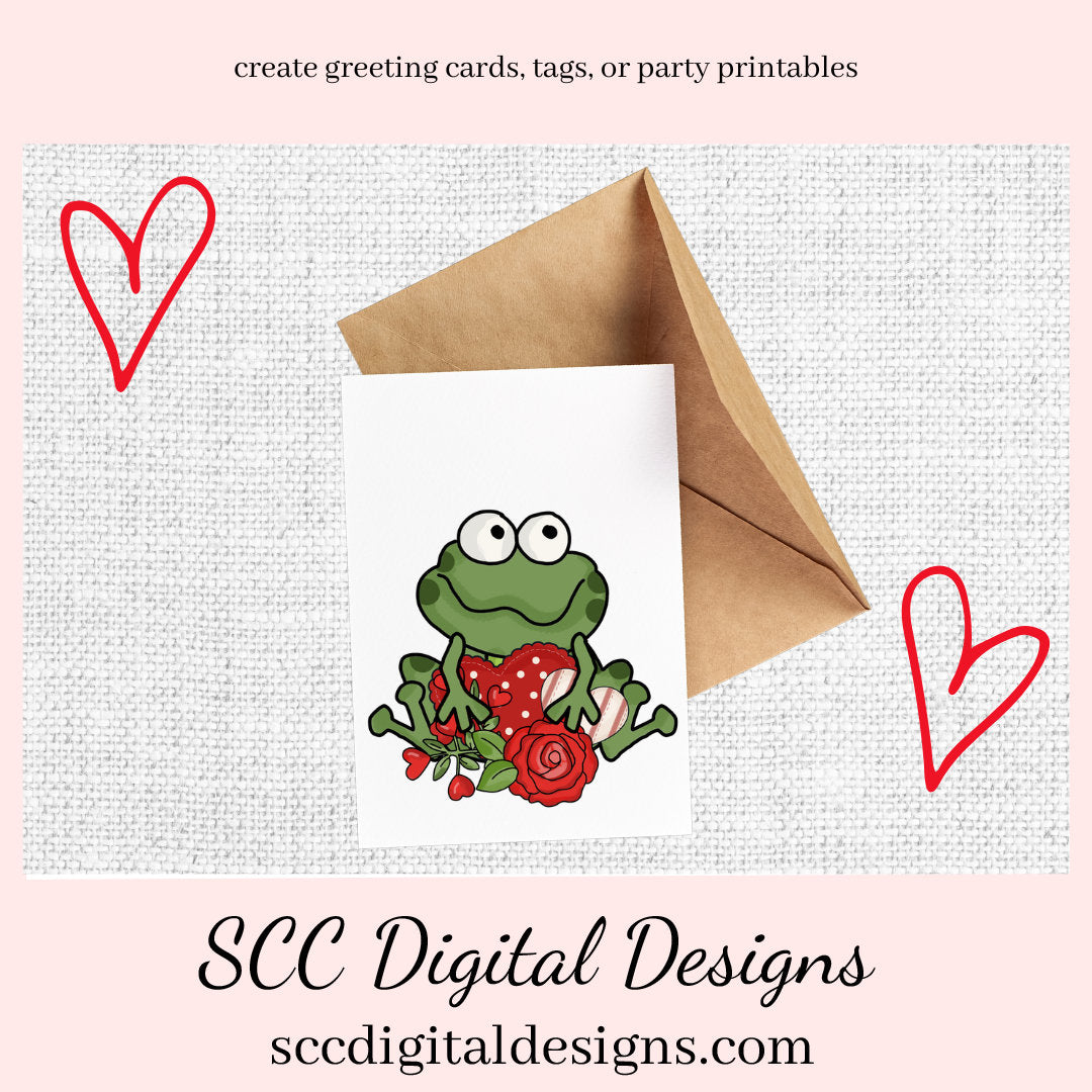 Fat Frogs in Love Clipart, Frog with Red Roses, Chocolate Candy, & Hearts, Create Greeting Cards, Tags, Mugs, Tumblers, Frog Lover Gifts