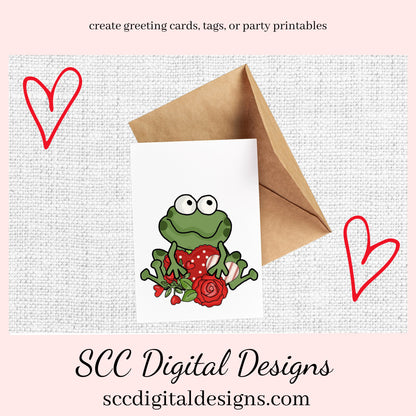 Fat Frogs in Love Clipart, Frog with Red Roses, Chocolate Candy, & Hearts, Create Greeting Cards, Tags, Mugs, Tumblers, Frog Lover Gifts