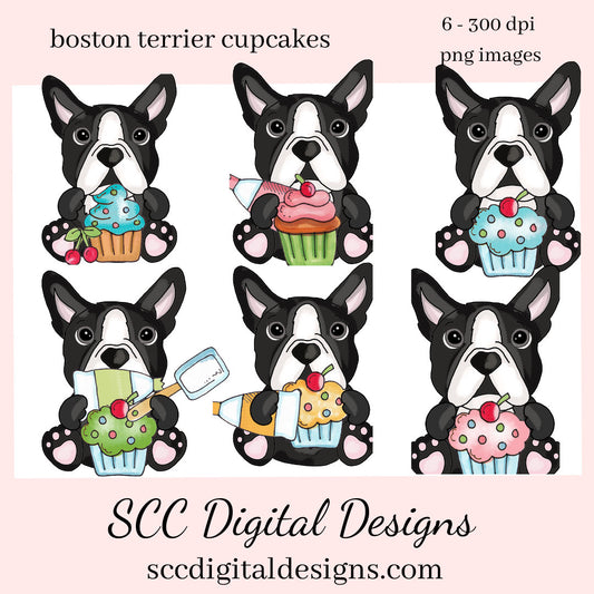 Boston Terrier Loves Cupcakes, Cherry Topped Cupcake, Frosting, Kitchen Utensils, Instant Download, Commercial Use, Clip Art PNG, Digi Scrap, Craft Supplies, Scrapbook Elements