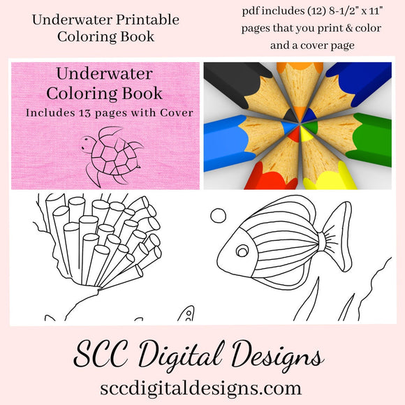 Underwater Sea Life 13 Page Printable Coloring Book, Fish, Mermaid, Turtle, Coral, Castle, Home School & Teacher Resources, Fun and Educational, Print at Home Page Kid Color Pages
