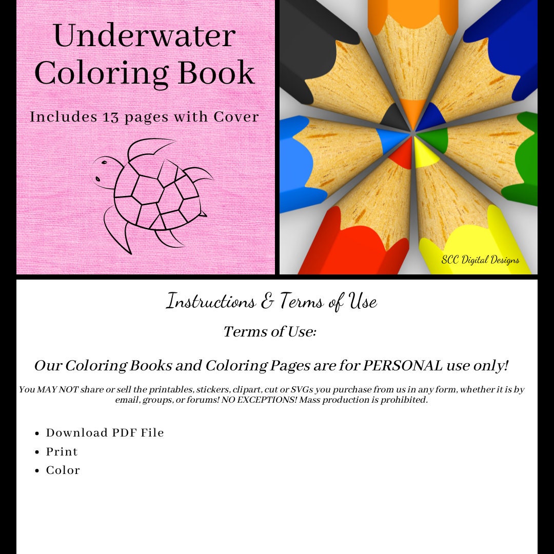 Underwater Sea Life 13 Page Printable Coloring Book, Fish, Mermaid, Turtle, Coral, Castle, Home School & Teacher Resources, Fun and Educational, Print at Home Page Kid Color Pages