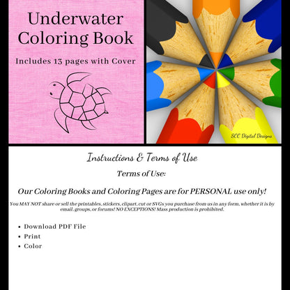 Underwater Sea Life 13 Page Printable Coloring Book, Fish, Mermaid, Turtle, Coral, Castle, Home School & Teacher Resources, Fun and Educational, Print at Home Page Kid Color Pages