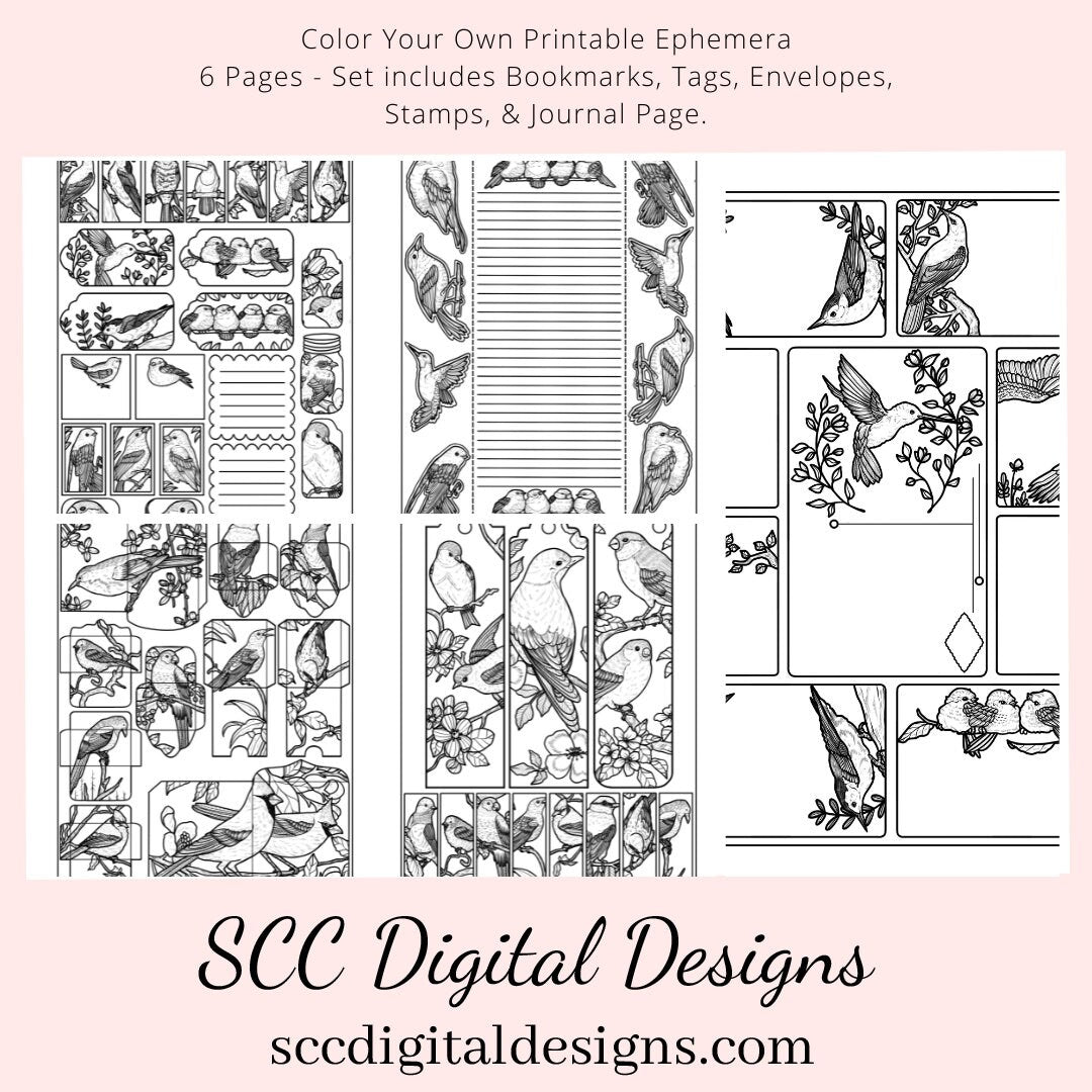 Vintage Birds CYO Printable Ephemera, 6 Page PDF Set Includes - Tags, Envelopes, Journal Page, Bookmarks, Postcards & Stamps, Junk Journal