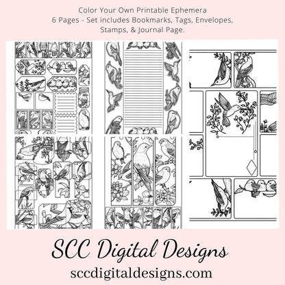 Vintage Birds CYO Printable Ephemera, 6 Page PDF Set Includes - Tags, Envelopes, Journal Page, Bookmarks, Postcards & Stamps, Junk Journal