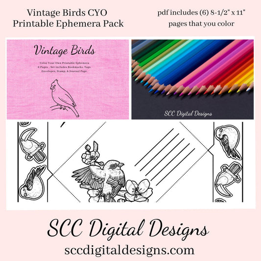 Vintage Birds CYO Printable Ephemera, 6 Page PDF Set Includes - Tags, Envelopes, Journal Page, Bookmarks, Postcards & Stamps, Junk Journal