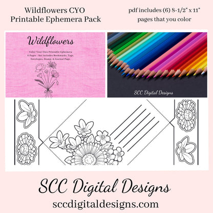 Wildflowers CYO Printable Ephemera, 6 Page PDF Set Includes - Tags, Envelopes, Journal Page, Bookmarks, Postcards & Stamps, Instruction Sheet, Personal Use ONLY, Junk Journaling