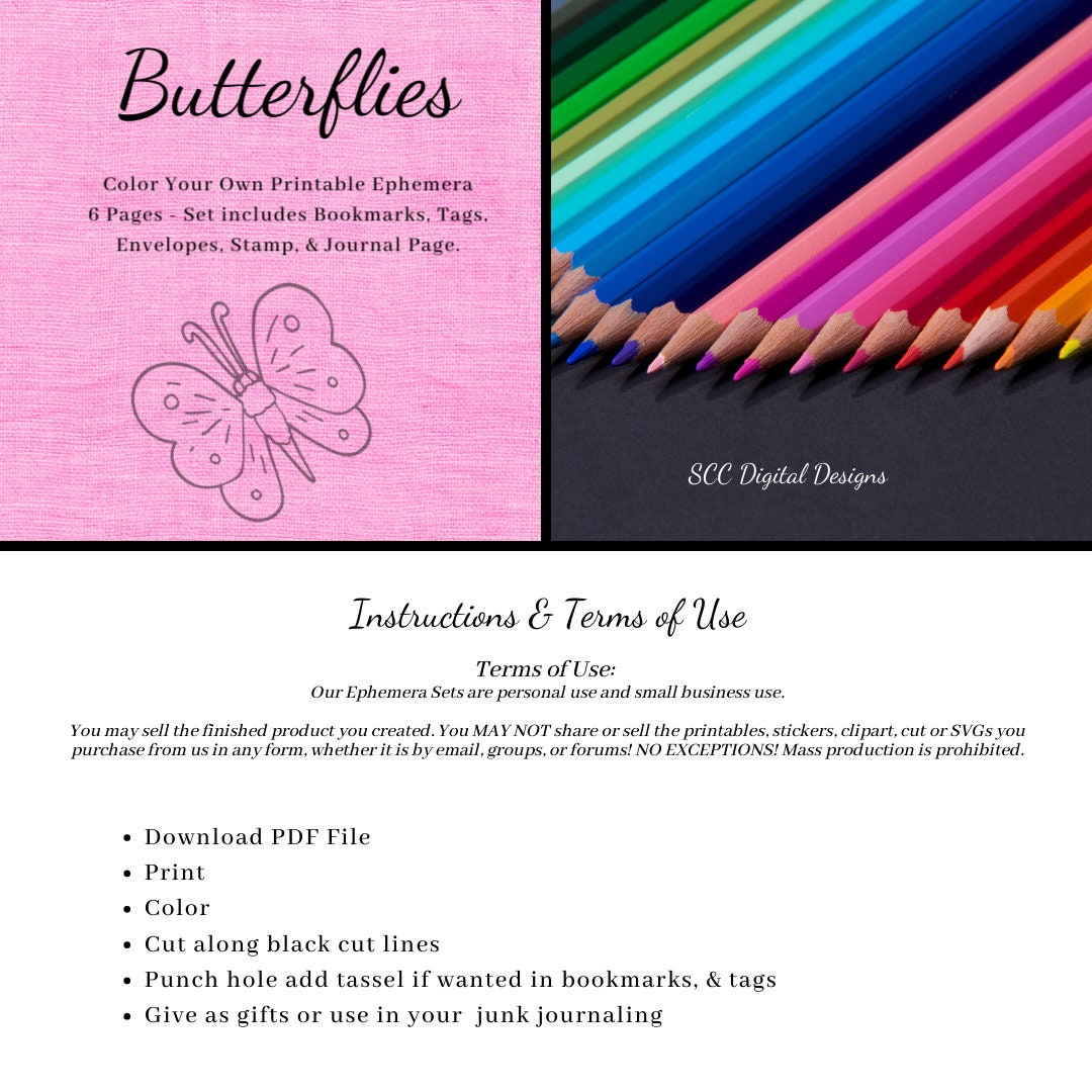 Wildflowers CYO Printable Ephemera, 6 Page PDF Set Includes - Tags, Envelopes, Journal Page, Bookmarks, Postcards & Stamps, Instruction Sheet, Personal & Small Business Use, Great for Junk Journaling