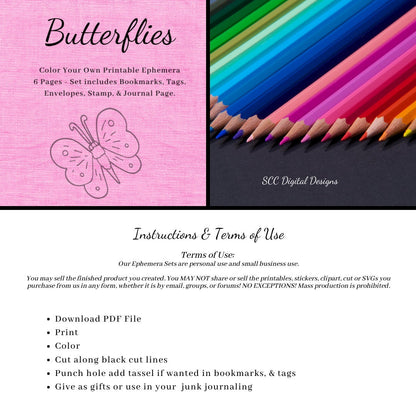 Wildflowers CYO Printable Ephemera, 6 Page PDF Set Includes - Tags, Envelopes, Journal Page, Bookmarks, Postcards & Stamps, Instruction Sheet, Personal & Small Business Use, Great for Junk Journaling