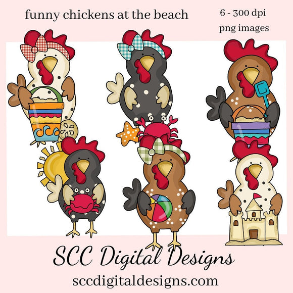 Funny Chicken at the Beach Clipart Set, Chickens & Sand Castle, Crabs, Beach Toys, Instant Download, Commercial Use, Clip Art PNG