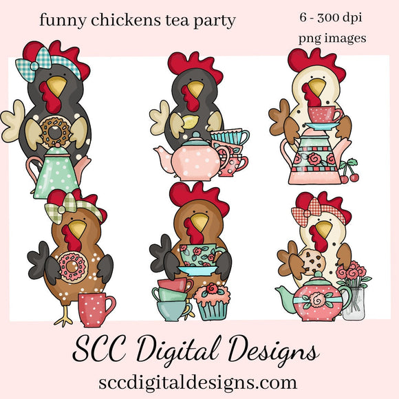 Funny Chickens Tea Party Clipart Set, Colorful Chicken and Tea Pots, Tea Cups, & Sweets, Instant Download, Commercial Use, Clip Art PNG