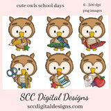 Cute Owls School Days Clipart Set, Owl with Pencil, Crayons, Glue, Report Card & Apple, Instant Download, Commercial Use, Clip Art PNG