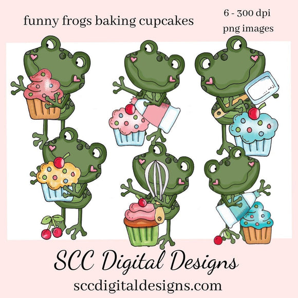 Funny Frogs Baking Cupcakes Clipart Set, Dancing Frog, Frosted Cupcake, Cherries, Instant Download, Commercial Use, Clip Art PNG, Digi Scrap