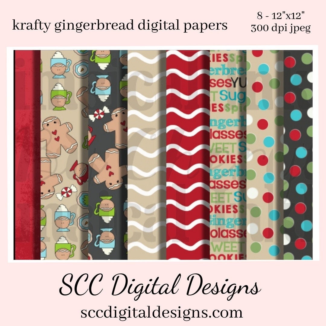 Krafty Gingerbread Digital Paper - Cookies, Polka Dots, (8) 12"x12" 300 DPI JPEG, Scrapbook Supplies, Crafting Elements, Commercial Use