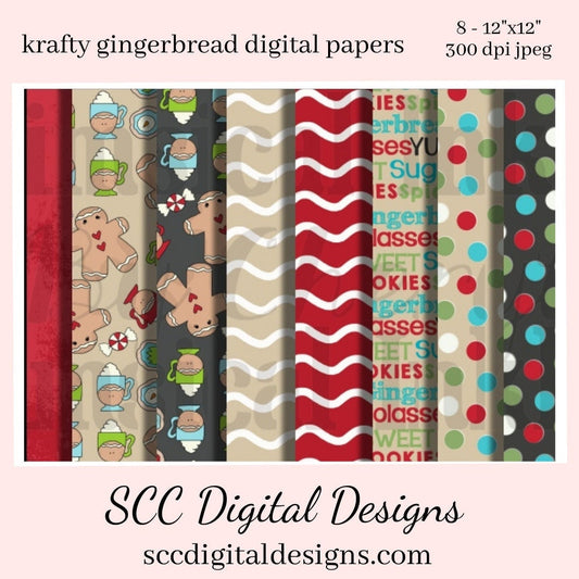Krafty Gingerbread Digital Paper - Cookies, Polka Dots, (8) 12"x12" 300 DPI JPEG, Scrapbook Supplies, Crafting Elements, Commercial Use