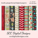Krafty Gingerbread Digital Paper - Cookies, Polka Dots, (8) 12"x12" 300 DPI JPEG, Scrapbook Supplies, Crafting Elements, Commercial Use