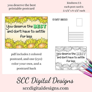 You Deserve the Best, Don't Settle for Less Printable Postcard, Full Color, Color Your Own, Inspirational Quote, Kindness Card, Positivity Cards, Affirmation, Use in Your Junk Journaling,  Our Printable Kindness Postcards are great to encourage kindness, give a positive message, affirmation, and motivational quotes.